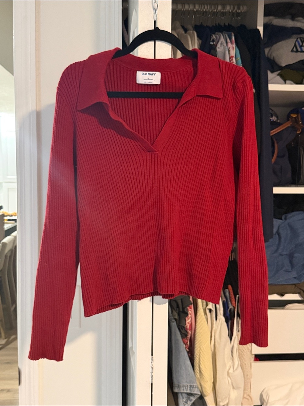 Old Navy Red Ribbed V-Neck Collared Sweater Top